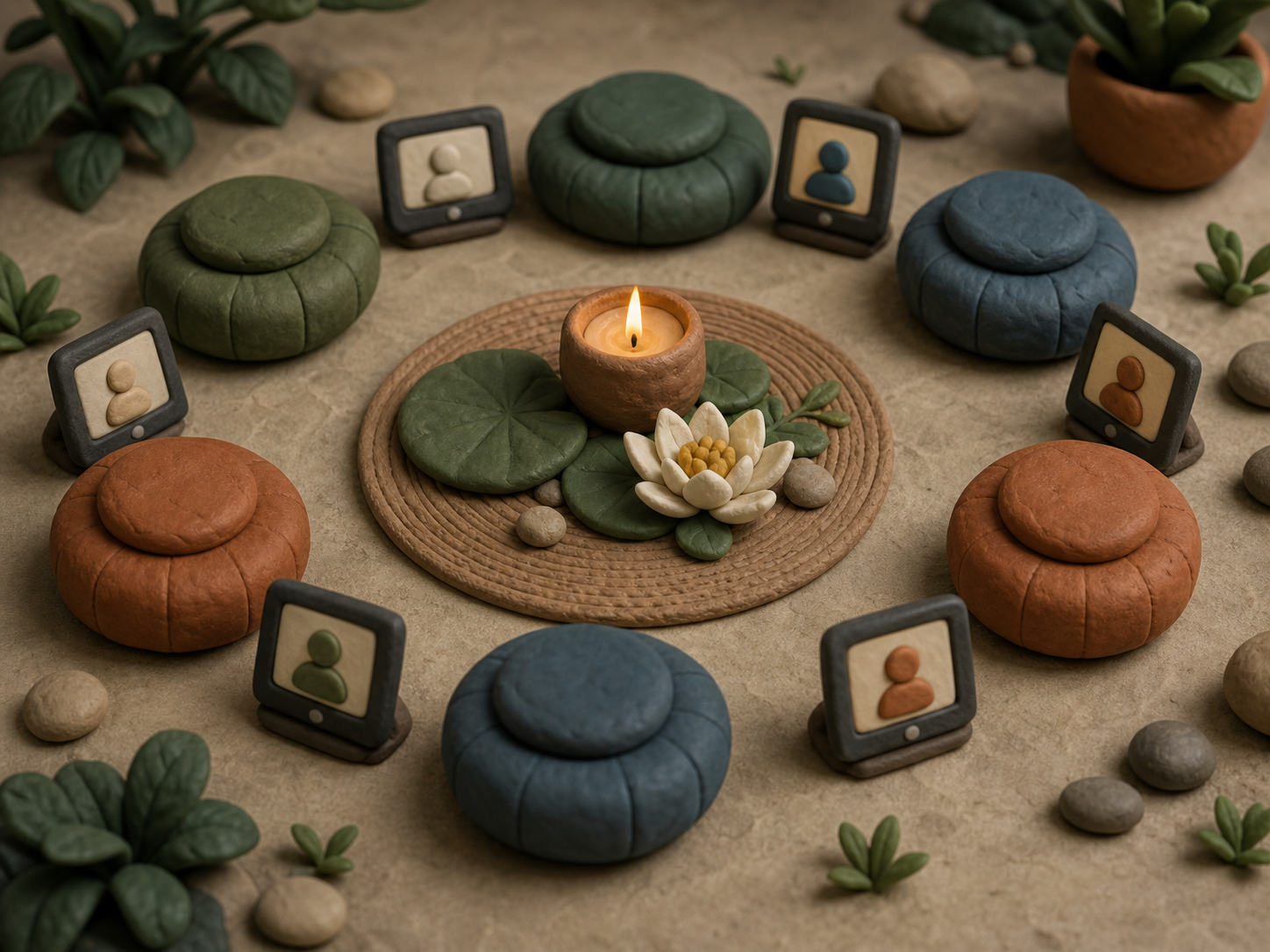Claymation circle of meditation cushions around a candle