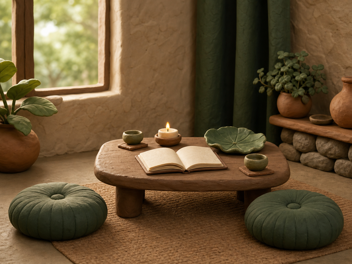 Quiet room with two cushions, tea cups, candle, and open notebook