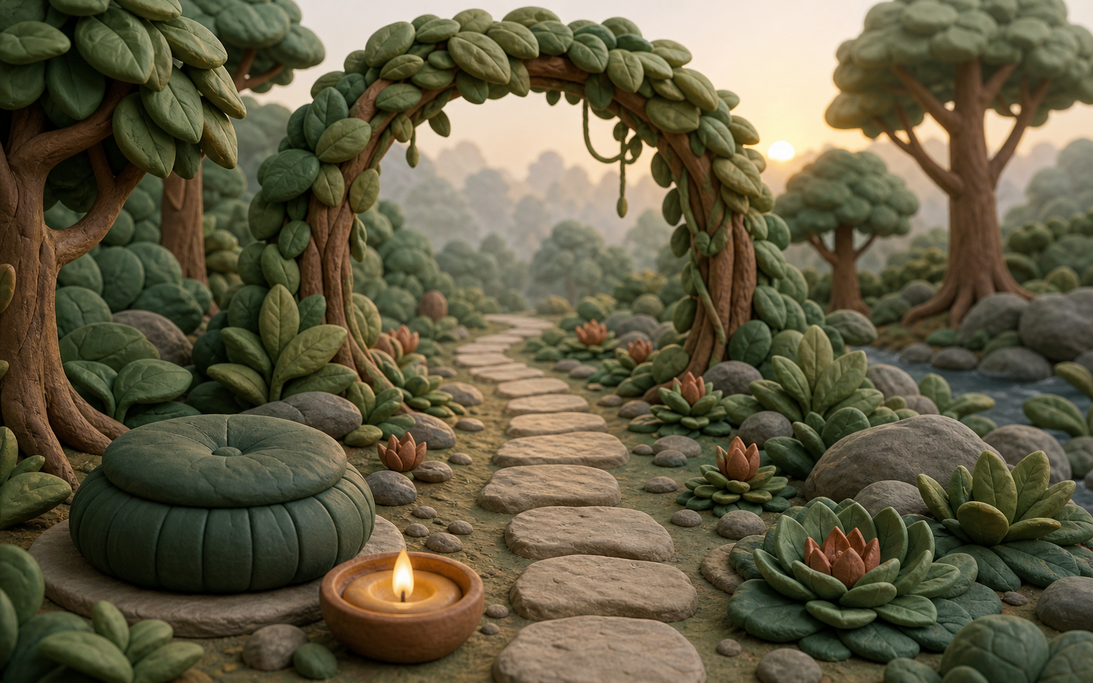 Claymation forest path with lotus leaves and a meditation cushion