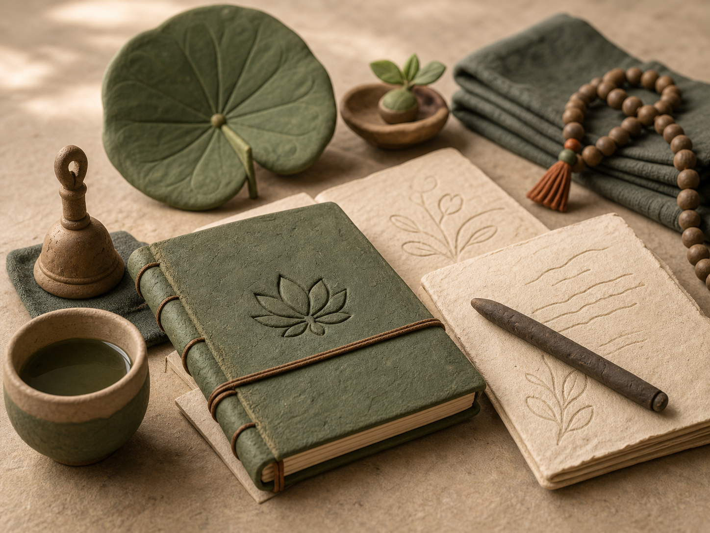 Claymation journal, tea cup, bell, and lotus leaf on a stone surface
